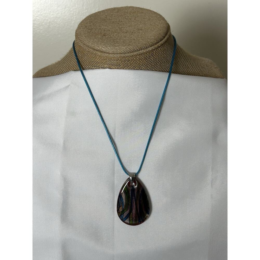 Lovely Glass Pendant On 19” Wax Cord Necklace. Pendant Is 2”